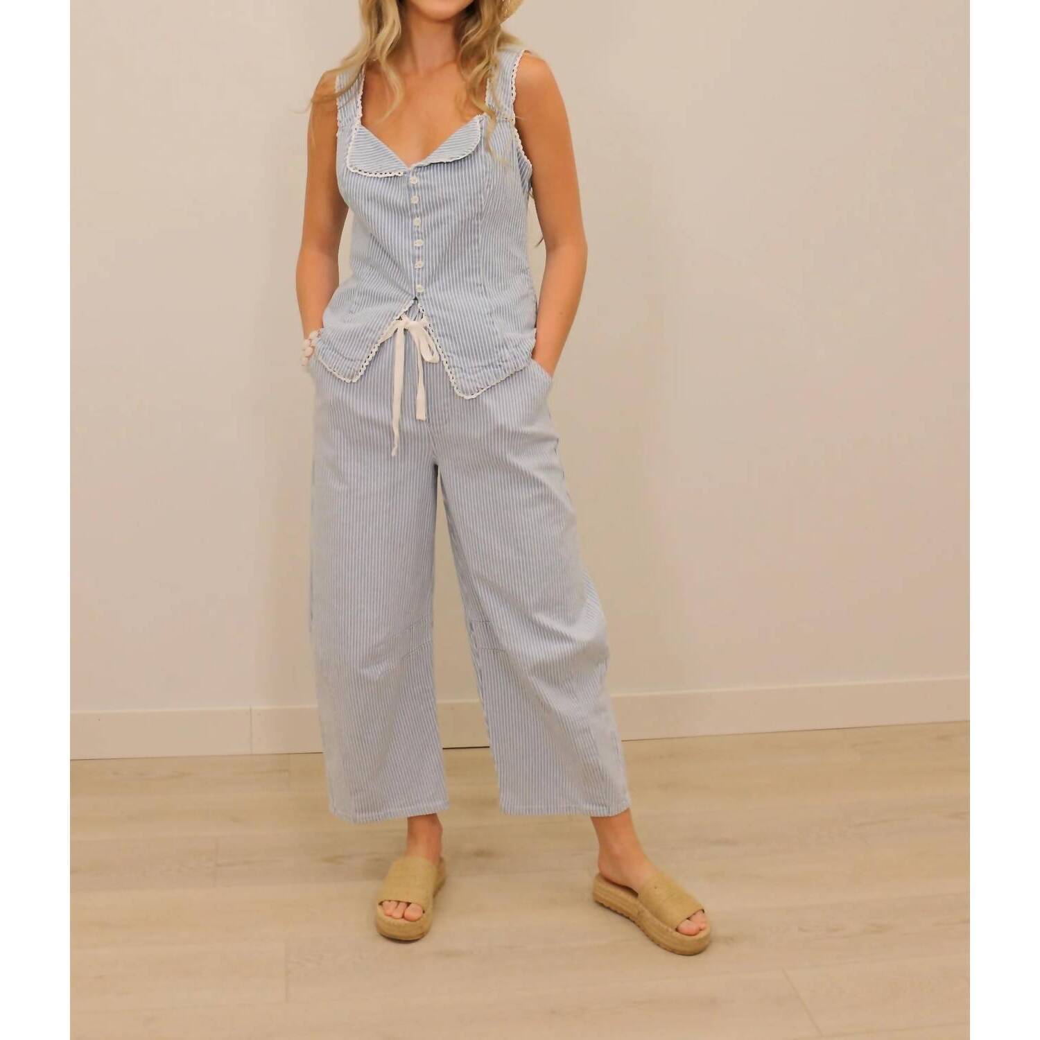 New Skies Are Blue Milta Stripe High Waisted Drawstring Barrel Pants In Light Bl